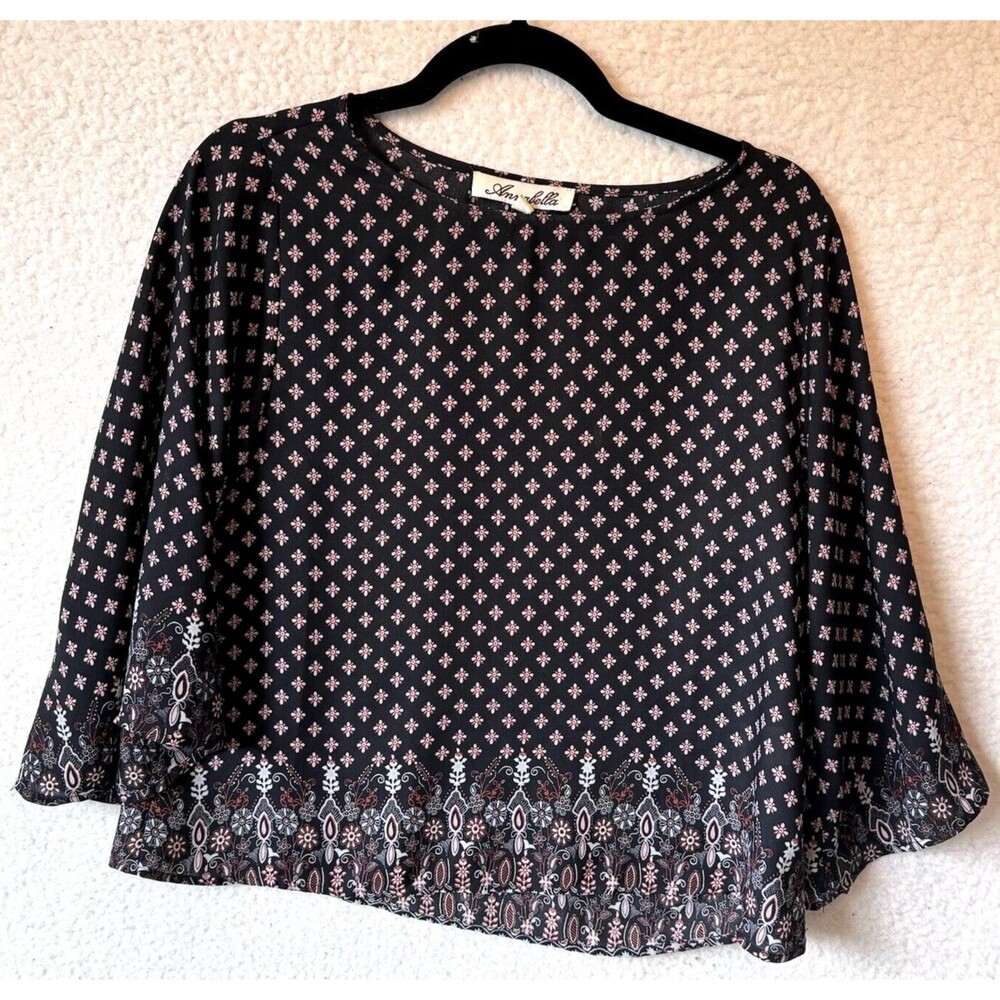 Annabella Top Blouse Size Small Black Geometric Print Boho Travel Lightweight